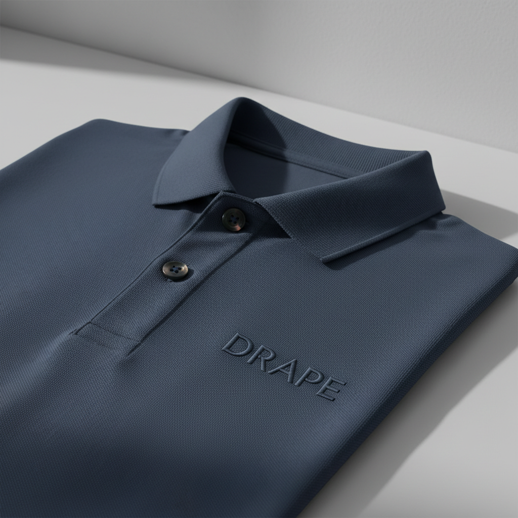 Navy blue polo shirt with 'DRAPE'